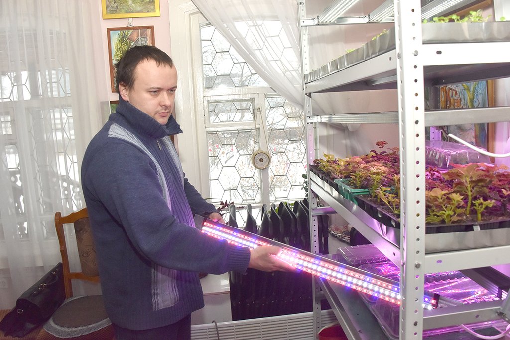 Алексей Никитин, сотрудник усадьбы-музея «Сад Казанцева» показывает самодельную фитоподсветку