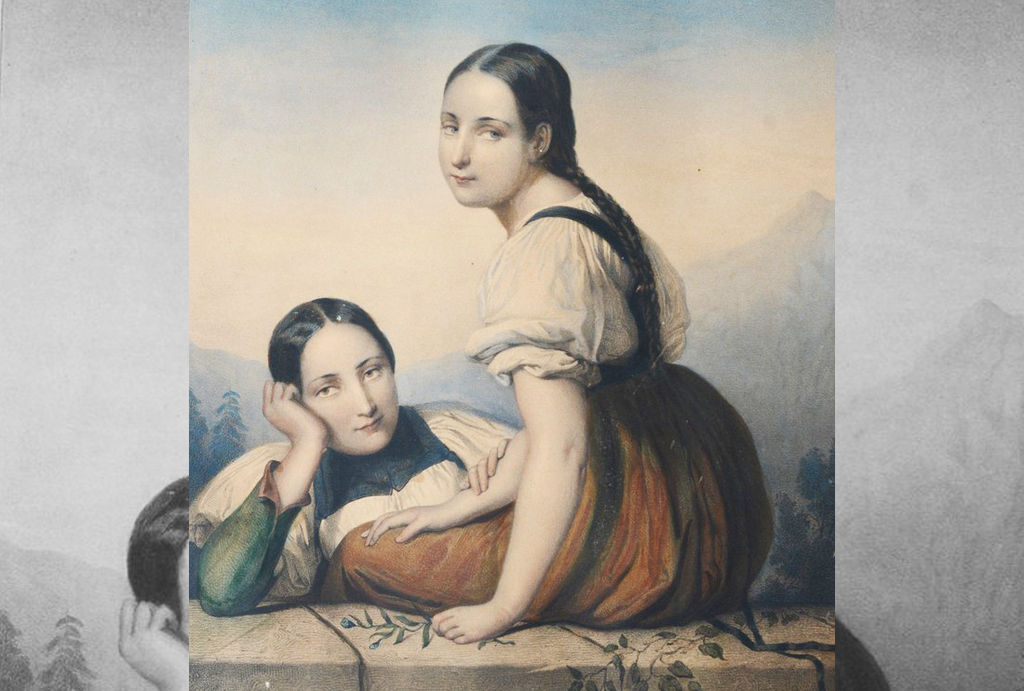 Литография Эмиля Демэзона (1812-1880)  «Две девушки в швейцарских костюмах» (год неизвестен)  с оригинала Жюльена Валлу де Вильнёфа (1795-1866)