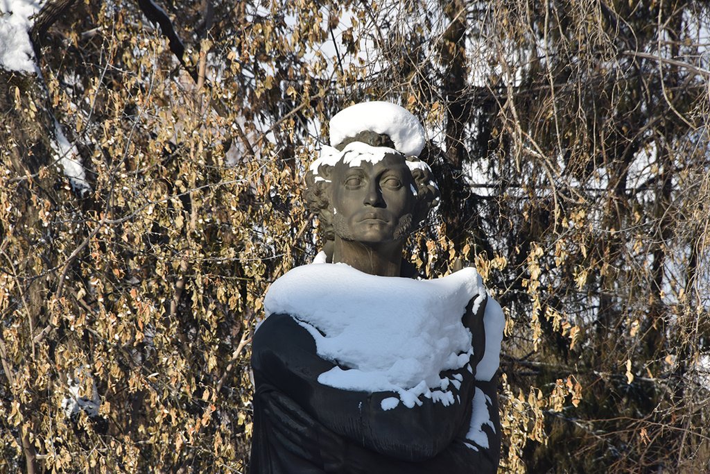Памятник Пушкину в Екатеринбурге под снегом