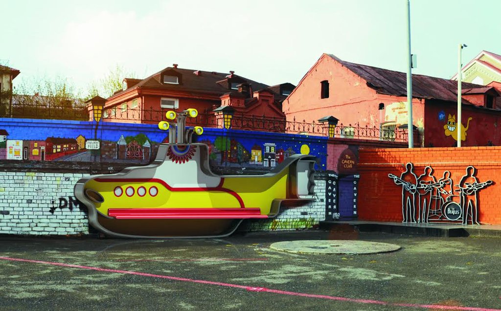 Арт-объект называется «Жёлтая подводная лодка»,  как популярная песня группы «Битлз». Это скамейка  с козырьком, под которым можно укрыться от дождя.  Автор проекта — Андрей Шабуров.