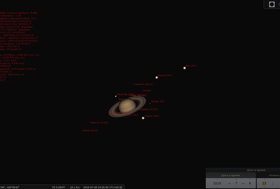 Сатурн можно будет наблюдать в июле невысоко над горизонтом в южной части неба. Фото: виртуальный планетарий Стеллариум
