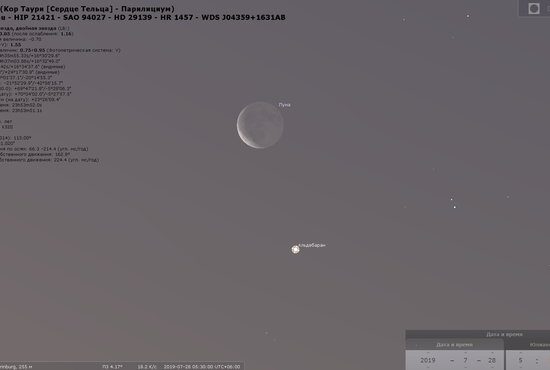 Около 5:30 спутник Земли пройдёт чуть севернее Альдебарана. Фото: виртуальный планетарий Стеллариум