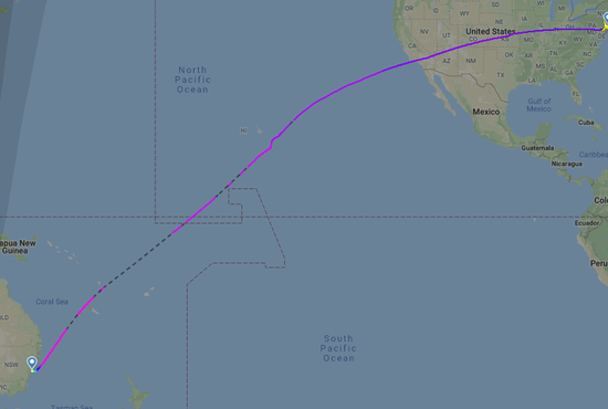 Маршрут пролегал над Тихим океаном и связал два материка - Америку (Нью-Йорк) и Австралию (Сидней). Фото: flightradar24.com