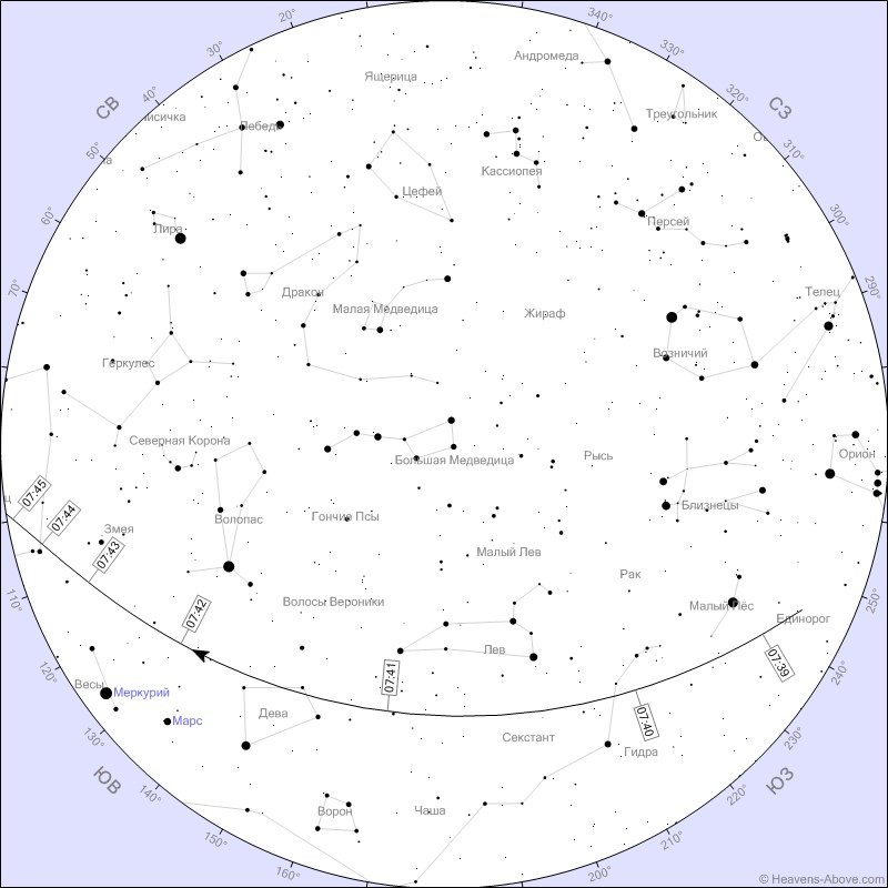 Карта полёта на 29 ноября одного из спутников Илона Маска