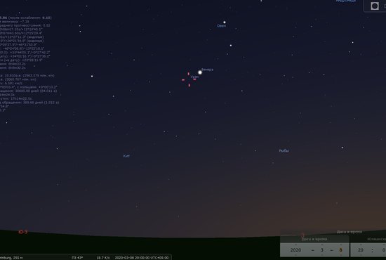 Весь месяц по вечерам, сразу после захода Солнца, можно любоваться яркой "вечерней звездой" - Венерой. Фото: виртуальный планетарий Стеллариум