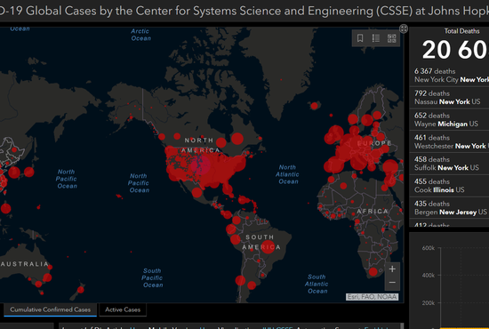 В Америке коронавирусом заразились более полумиллиона человек. Фото: скриншот с сайта Coronavirus COVID-19 Global Cases by the Center for Systems Science and Engineering (CSSE) at Johns Hopkins University