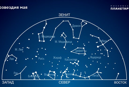 В мае видны созвездия: на севере - Персей, слева – Возничий, Близнецы заходят на северо-западе, на северо-востоке – Цефей и Кассиопея, под ними – Пегас. На востоке видно созвездие Лебедя и над ним – голову Дракона. Фото: Московский планетарий