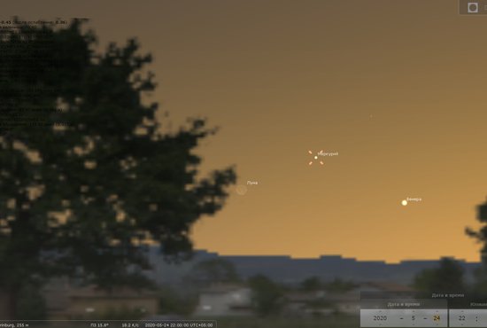 Наблюдения 24 мая лучше всего проводить с 22:00 до 22:30. Фото: виртуальный планетарий Стеллариум