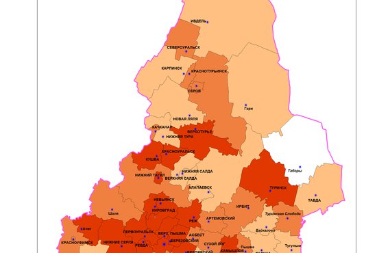 В остальных муниципалитетах, отмеченных оранжевым и красным цветами, - от 1 до 565 подхвативших коронавирус. Фото: Управление Роспотребнадзора по Свердловской области