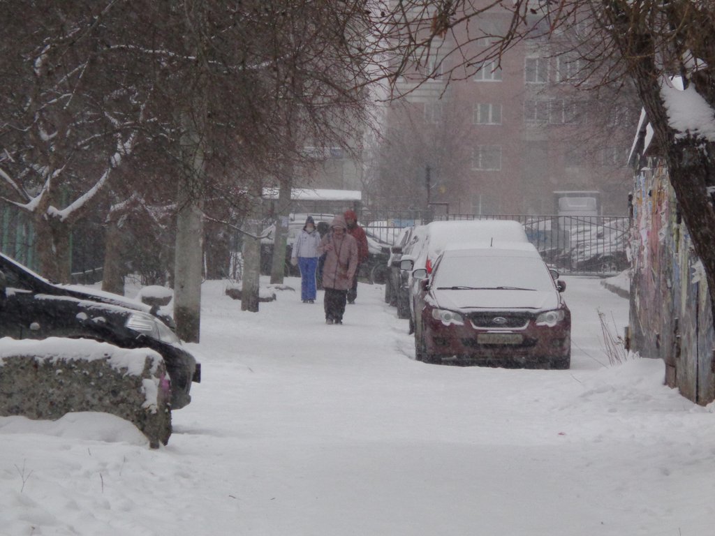 Люди в масках идут по снежной улице
