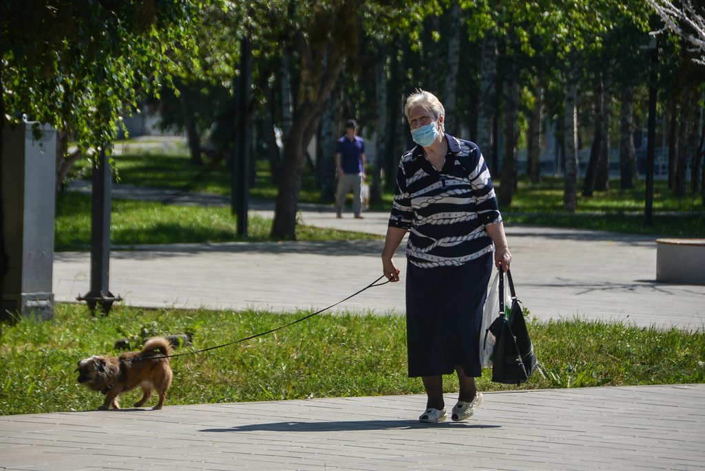 Женщина в маске выгуливает собаку