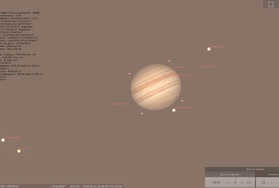 Уральцы могут наблюдать Юпитер в южной части неба низко над горизонтом после полуночи. Фото: виртуальный планетарий Стеллариум