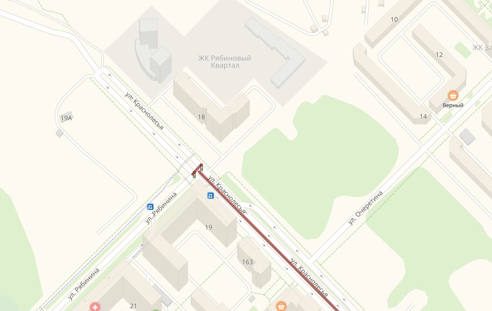 перекрёсток улиц Краснолесья и Рябинина в Екатеринбурге, карта