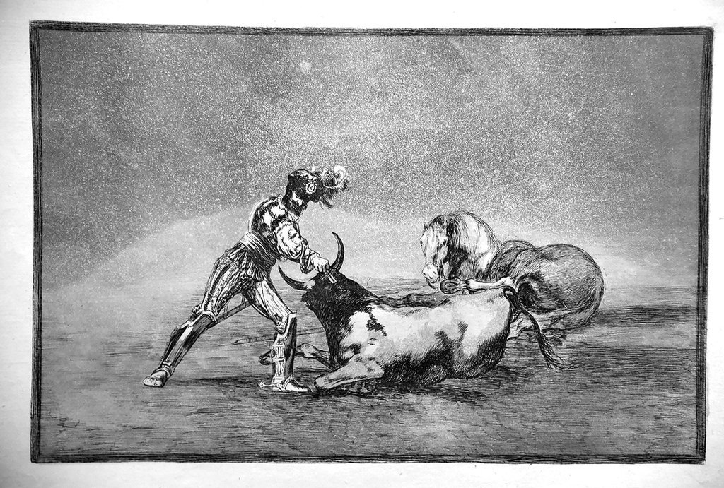 «Испанский рыцарь убивает быка, потеряв коня» (1815-1816)  девятый лист серии гравюр «Тавромахия» Франсиско Гойи