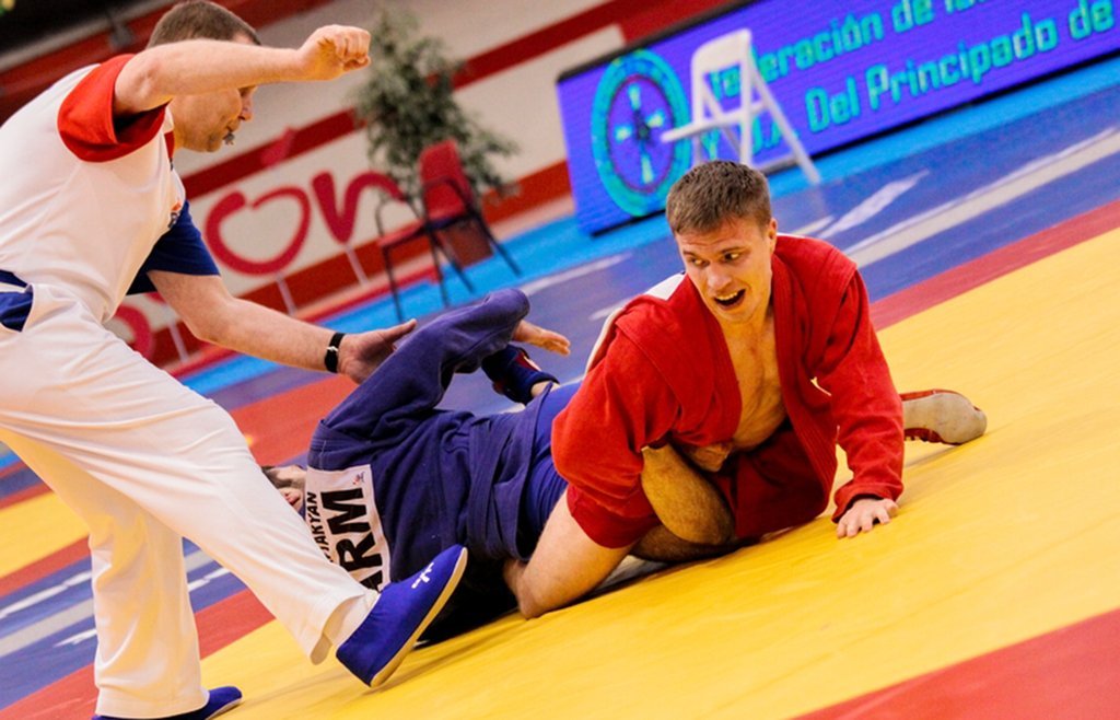 Владимир Гладких (в красном) делает болевой приём в финале чемпионата Европы