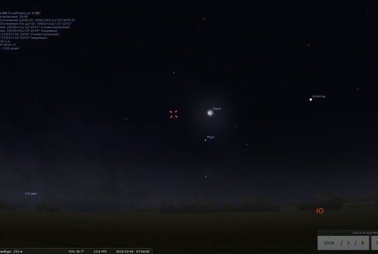 Луна, Марс и яркая звезда Антарес выстроят почти ровную линию на юге 9 февраля. Фото: виртуальный планетарий "Стеллариум"