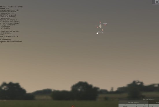 27 марта ранним утром спутник Земли окажется в близком соседстве с яркой планетой Юпитер. Фото: виртуальный планетарий Стеллариум