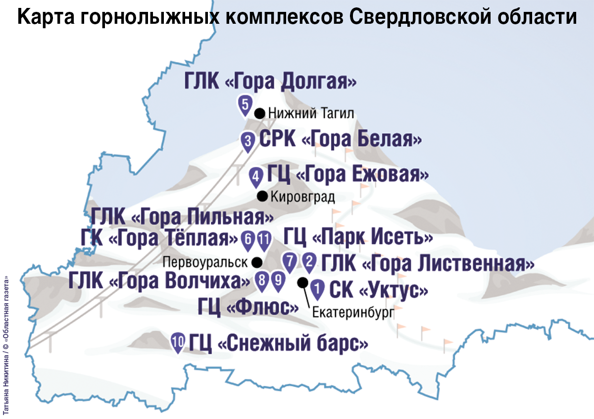 Карта горнолыжных комплексов Свердловской области