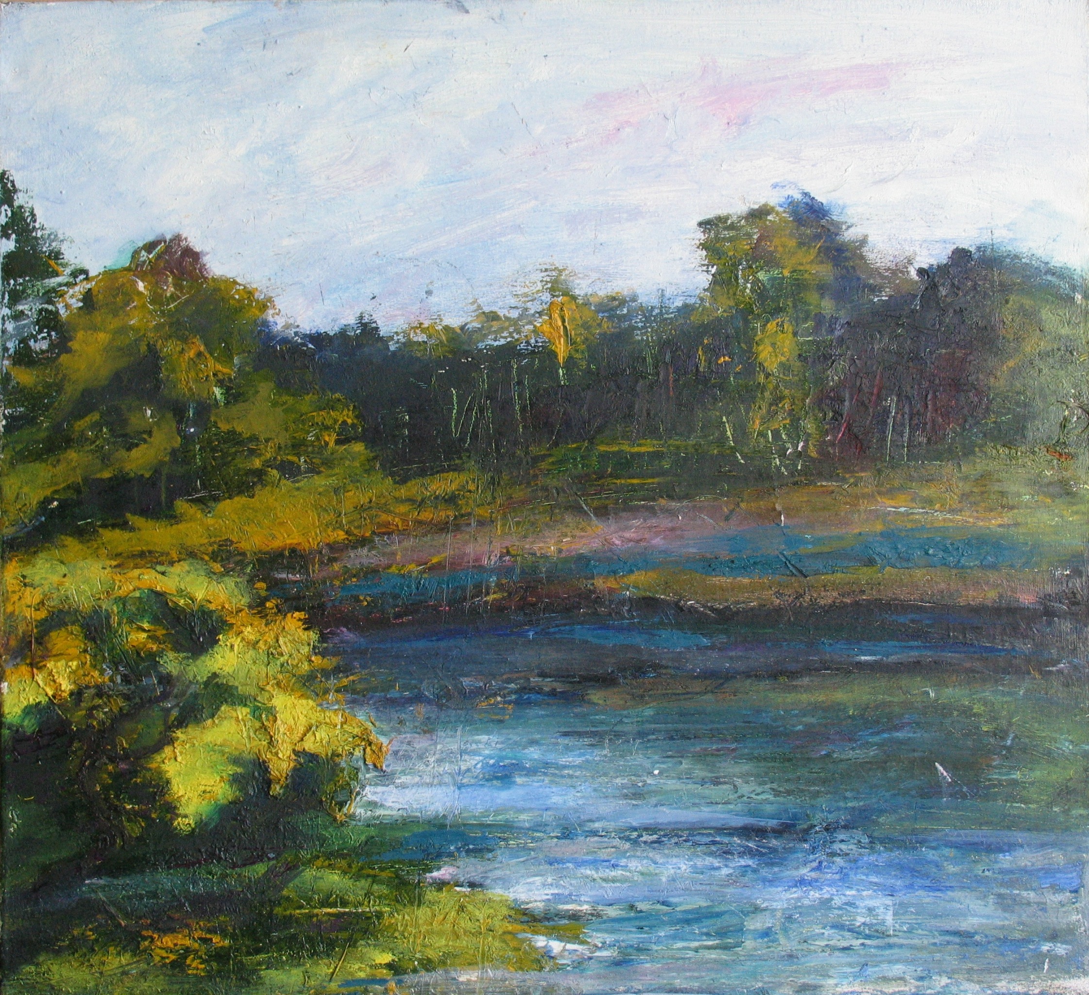 Лес, река, картина, рисунок, природа, пейзаж