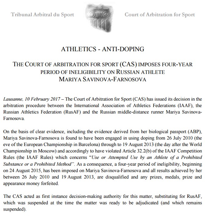 CAS, спортивный арбитражный суд, Мария Савинова, допинг, спорт